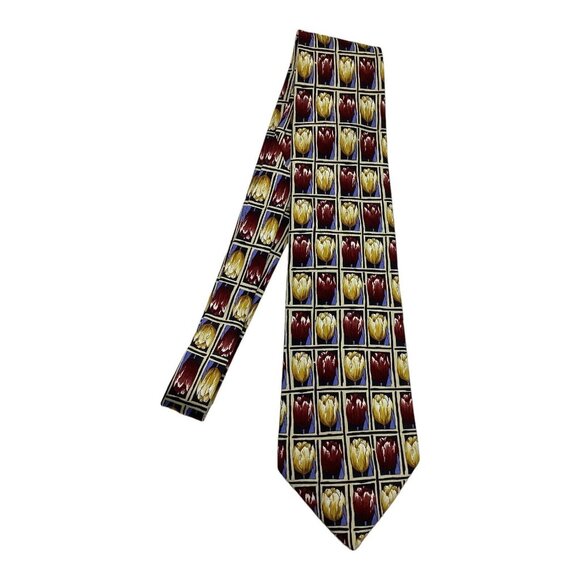 DORMEUIL Yellow Burgundy Floral Silk Tie HandMade Italy 59"/ 3.9" EC - Picture 5 of 5